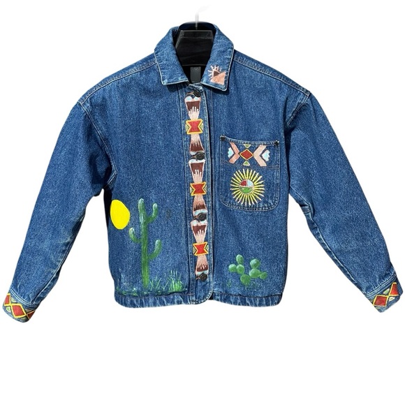 Ruff Hewn Jackets & Blazers - Hand Painted Vintage Ruff Hewn Denim Jean Jacket Southwest Aztec Desert Cactus S